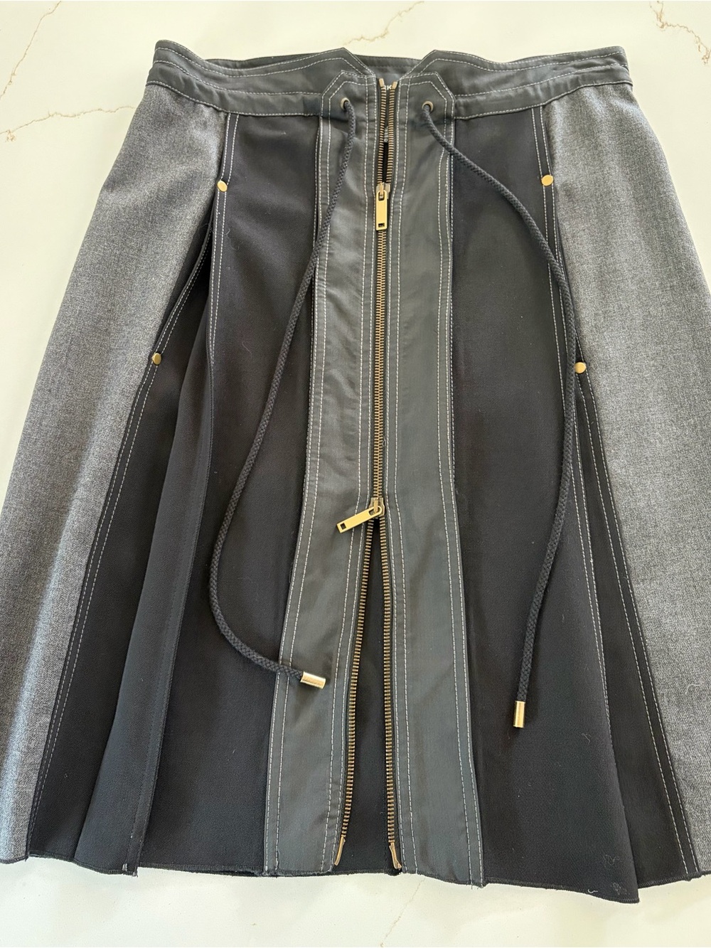 Derek Lam Black & Gray Paneled A-Line Skirt with Exposed Zipper